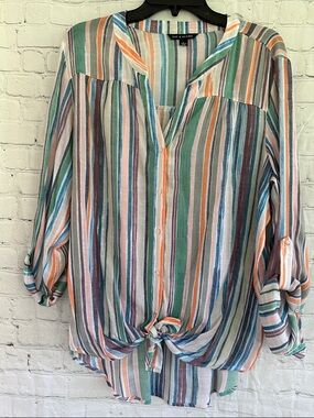 Zac & Rachel Striped Tie-Front Button Down Top in Green, Blue, Orange, Cream